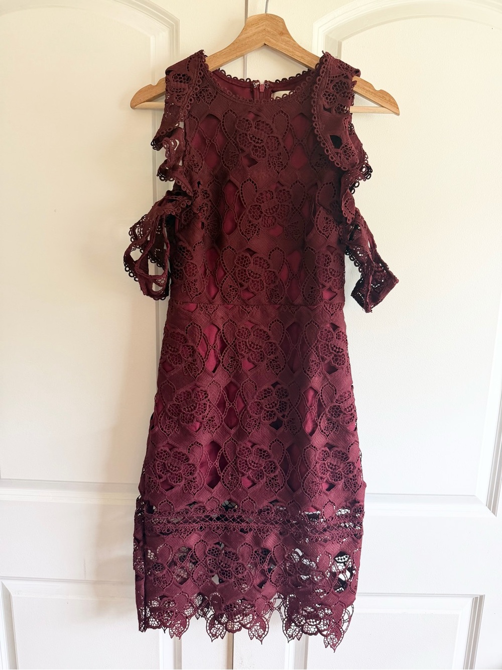 J.O.A. Burgundy Lace Off The Shoulder Midi Dress Sexy Crochet Date Night Wedding